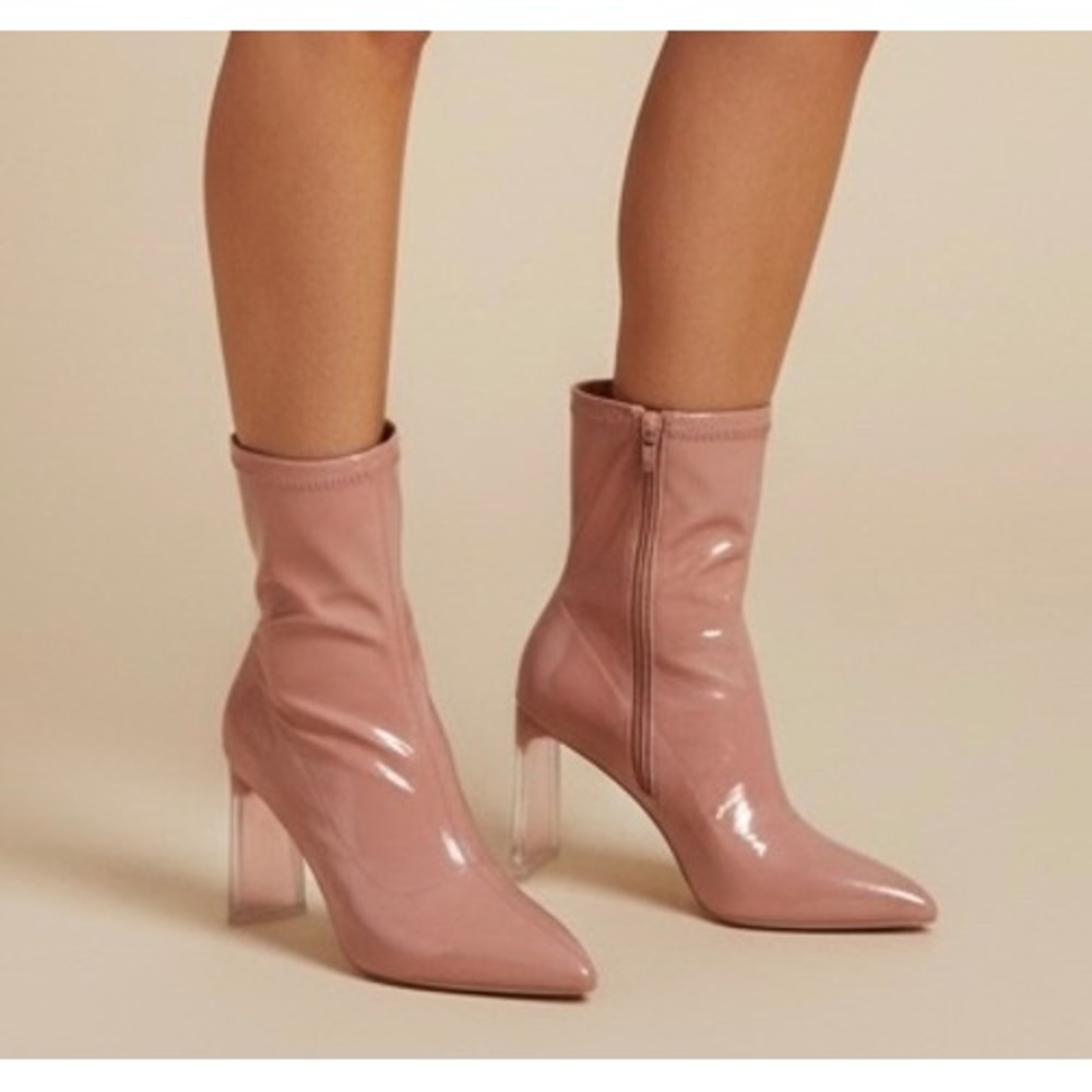 Lucid Dreams Rose Gold Patent Clear Block Heel Pointed Toe Boots Size 10